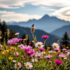 Fototapeta premium a serene landscape featuring a vibrant field of wildflowers at sunset or sunrise