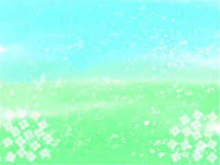 梅雨時のアジサイイメージの背景素材。水彩風テクスチャー。筆のタッチ。水彩の柔らかなにじみ。キラキラした光。水滴の輝き。