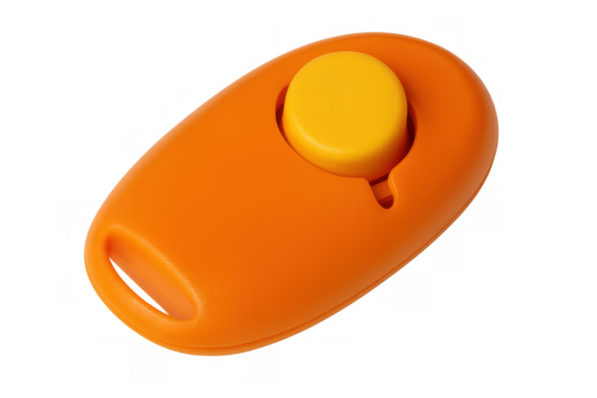 Orange plastic clicker with bright yellow button, positioned against transparent backdrop, supporting training and communication techniques