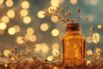 Dried plant arranged in a vintage bottle with a backdrop of soft, glowing lights, Natural dried plant in a background bottle with bokeh lights, closeup Indoor decoration