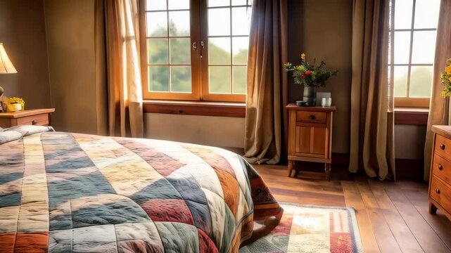 Cozy bedroom interior featuring a patchwork quilt on a wooden bed illuminated by warm lamplight with a view of greenery through the window.