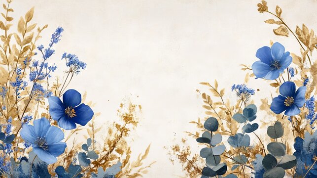 24.A refined botanical illustration featuring vibrant blue flowers, golden foliage, and eucalyptus clusters in a balanced and harmonious layout on a soft pastel background.