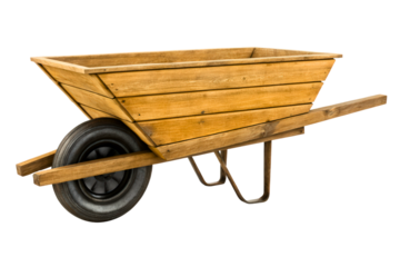 Sturdy wooden wheelbarrow designed for easy outdoor transport isolated with transparent background