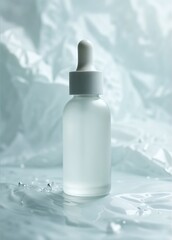 Transparent bottle of cosmetic gel on a blue background.
