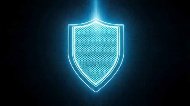 Futuristic blue shield icon glowing against a dark background, symbolizing security and protection