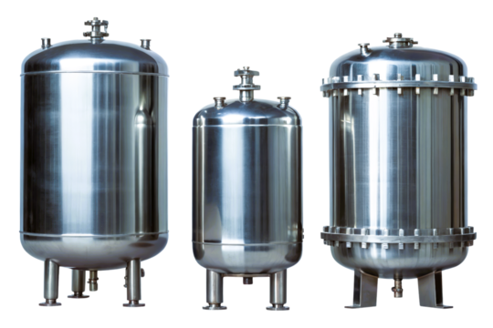 Industrial stainless steel tanks used for storage and processing isolated with transparent background