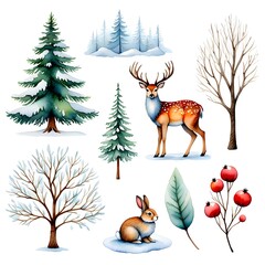 Fototapeta premium Hand-Painted Winter Nature Clipart — Forest Animals, Snow-Covered Pine, Icy Pinecones, 
