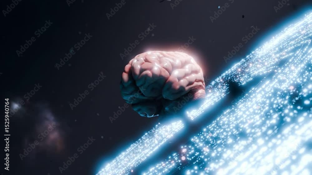 Wall mural human brain floating above glowing digital surface in dark space. artificial intelligence and neural