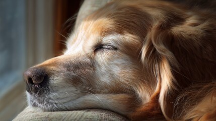 Golden retriever in peaceful repose, side view; serenity and warmth in quiet moments
