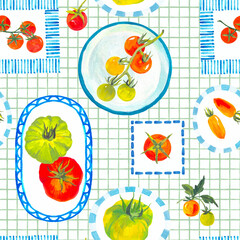 Mediterranean summer seamless pattern featuring cute Italian cuisine elements, farm tomatoes, and traditional ceramic plates. Perfect for textile design, wallpaper, packaging, and kitchen-themed