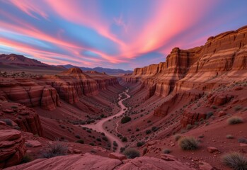 remote desert canyon at dusk, pink sky reflecting on stone walls, dry air carrying distant echoes, surreal contrast between beauty and barrenness.