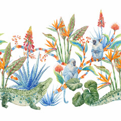 Seamless watercolor hand drawn pattern of tropical plants and monkeys, flowers, aloe, wild exotic blooms, and whimsical jungle vines. Perfect for wallpaper, textiles and botanical-themed decor.
