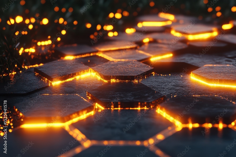 Poster glowing hexagonal patterns illuminate a technology inspired background at night, technology backgrou