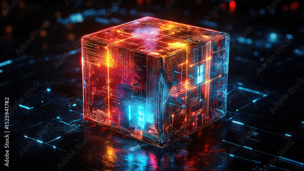 Poster floating glowing cube with circuit lines on dark background symbolizing data and digital innovation