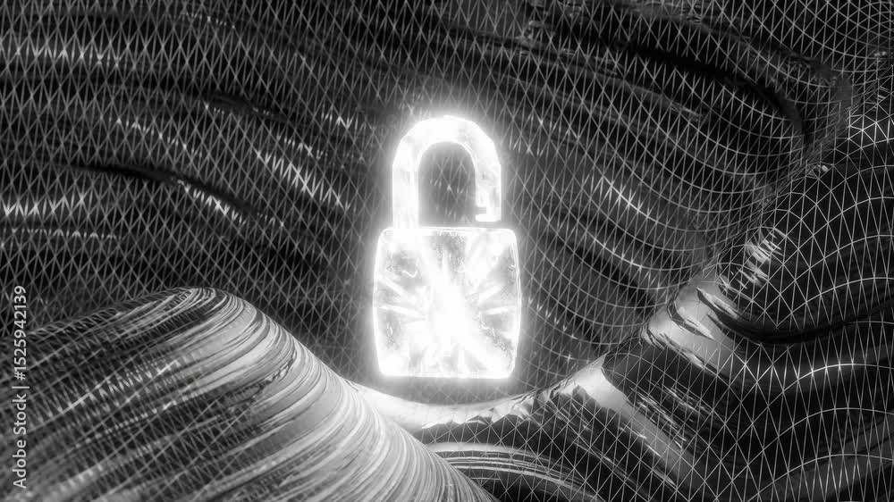 Wall mural glowing white padlock over abstract digital mesh surface in dark space. cyber security and data encr