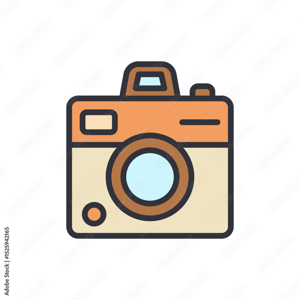 Poster retro camera icon with rounded design elements on transparent style