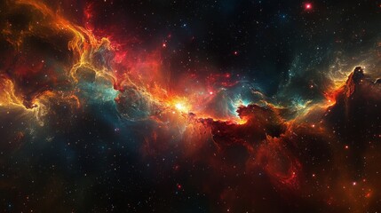 Fototapeta premium 92.A vibrant display of colorful fireworks bursting in the night sky, with bright reds, blues, and greens trailing across the darkness. The fireworks are set against a blurred backdrop of the Milky