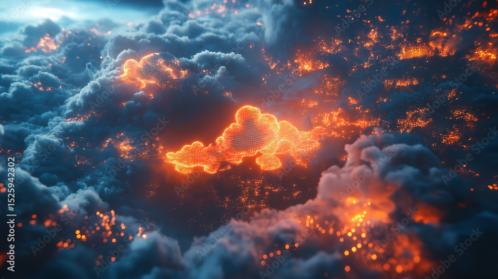 Wall mural hybrid cloud solutions and cloud computing in holographic visualization of multi-cloud environment