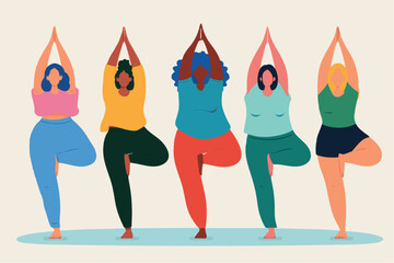 colourful illustration of Diverse group of people practicing yoga in a group class