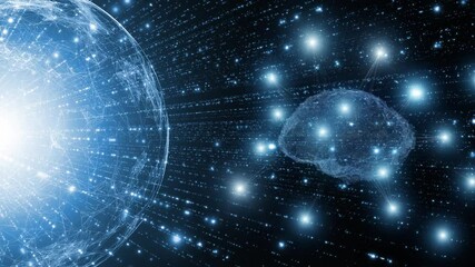 Futuristic cyberspace sphere with digital human brain and lights rotation. - Powered by Adobe