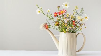 A beautiful arrangement of pink flowers in a watering can, showcasing a vibrant bouquet.
