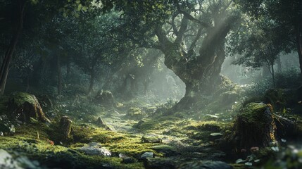 Enchanting Mossy Forest Path  Sunlit Trees  Mystical Woods