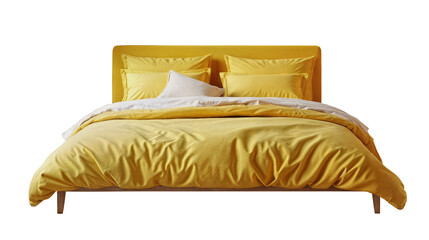 Modern yellow bed with yellow  bedding  isolated PNG