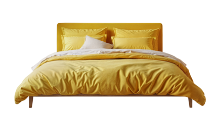Modern yellow bed with yellow  bedding  isolated PNG