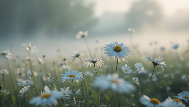 Fresh daisies in spring meadow with dreamy haze and soft focus. Perfect for garden websites, conservation content, and peaceful visual themes.
