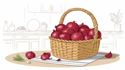 Onion in basket in kitchen Illustration vector design, Onion Illustration vector design