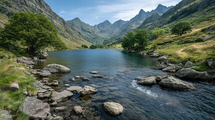 Serene mountain lake scene with lush greenery and rocky shoreline.