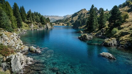 Tranquil alpine lake nestled amongst towering trees.