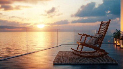 Balcony retreat with rocking chair, soft rug, and lanterns at sunset