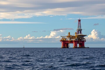 Spacious ocean landscape with an offshore drilling rig under a cloudy sky and a distant sailing boat on the horizon