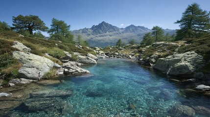 Crystal-clear alpine lake nestled amongst mountains.