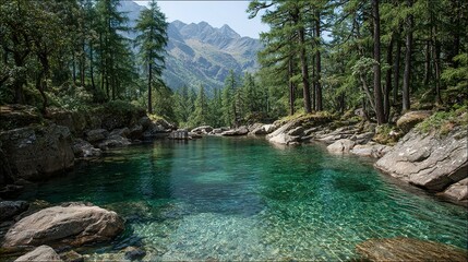 Crystal-clear mountain lake surrounded by lush forest.