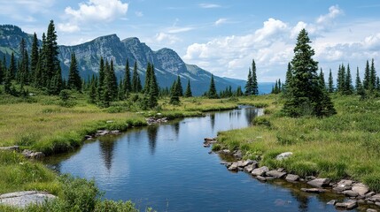 Serene mountain stream reflecting a clear sky.