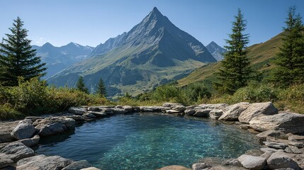 Mountain spring nestled amongst towering peaks.