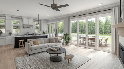 Combined guest, dining, and living space with cohesive furniture layout