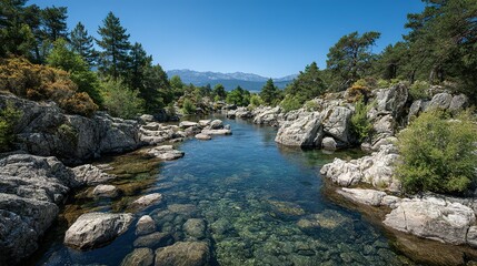 Clear river flowing through rocky shoreline.