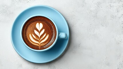 Light blue coffee cup and saucer with latte art on a light gray surface.