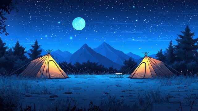Night camping scene under a starry sky with two illuminated tipis nestled in a mountain valley