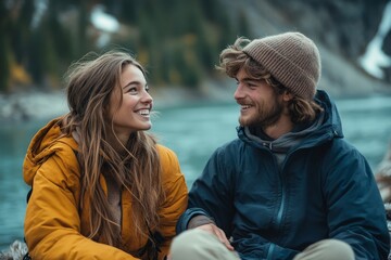 Obraz premium Happy young couple having fun on their hiking trip, enjoying each others company and the natural beauty around them during a scenic hike, Generative AI