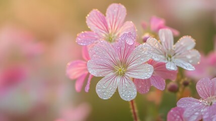 Fototapeta premium Delicate Dew-Kissed Blooms: A Symphony of Pink and White