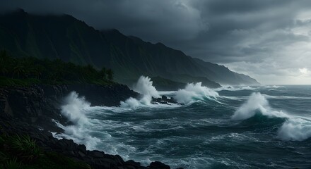 Fototapeta premium Dramatic Coastal Cliffs with Ocean Waves under Stormy Skies