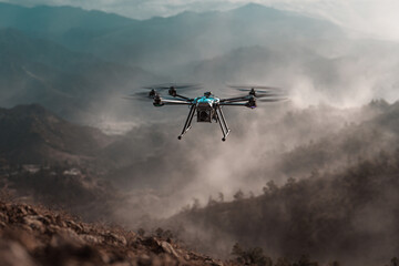 Fototapeta na wymiar A drone flying over a mountainous landscape with a hazy atmosphere in the background on a cloudy day