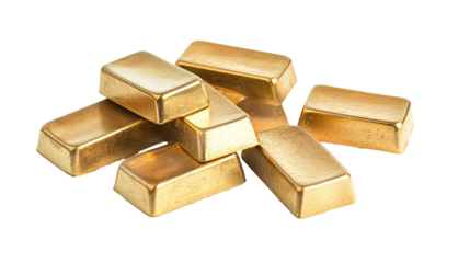Close-up of several shiny gold bars stacked on transparent, suitable for investment and business themes. PNG