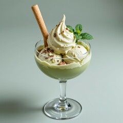 Elegant dessert in a glass with creamy ice cream fresh mint leaf and a crispy wafer stick on a muted background suitable for culinary or dessert themes