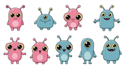  cute kawaii alien characters, with big eyes, pastel colors, and expressive faces. Each alien has a unique shape—some with antennae, others with multiple arms or eyes. Set against a white background, 