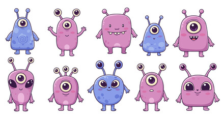  cute kawaii alien characters, with big eyes, pastel colors, and expressive faces. Each alien has a unique shape—some with antennae, others with multiple arms or eyes. Set against a white background, 